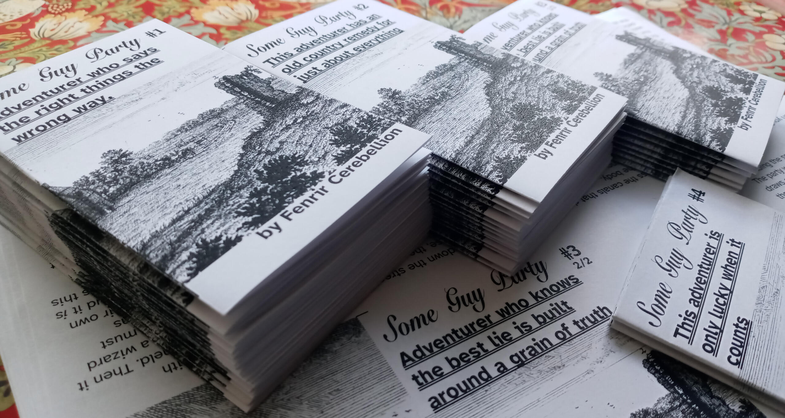 Stacks of Some Guy Party zines numbered one through four, with the titles "Adventurer who says the right things the wrong way", "This adventurer has an old country remedy for just about everything", "Adventurer who knows the best lie is built around a grai