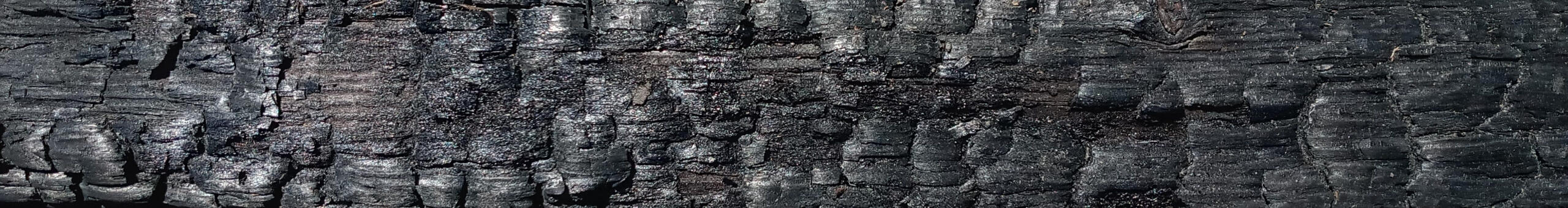 The black charred surface of wood.